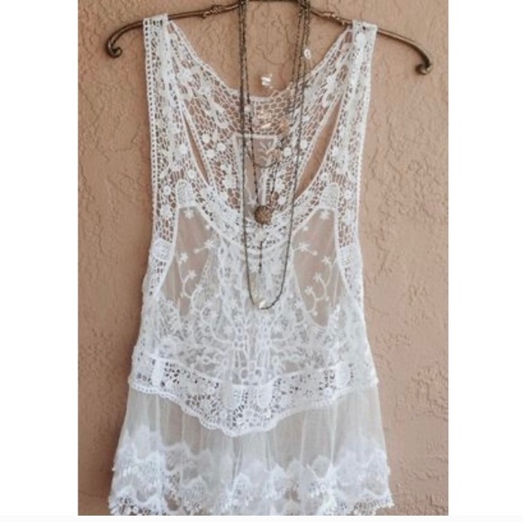 New Boho Crochet Lace Racerback Tank Swim Cover Up - Picture 5 of 9